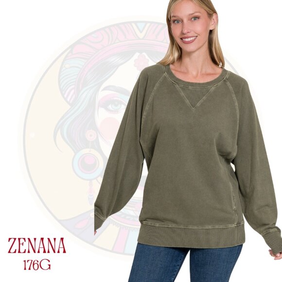 176G ZENANA Olive Green Cotton French Terry Pullover Sweatshirt - Picture 1 of 1